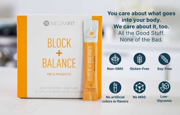 Neora's clean formula guarantee for NeoraFit™ Block + Balance Pre & Probiotic Powder.